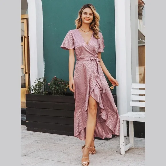 Simplee Apparel Dresses Leopard Print Blush Wrap Maxi Dress